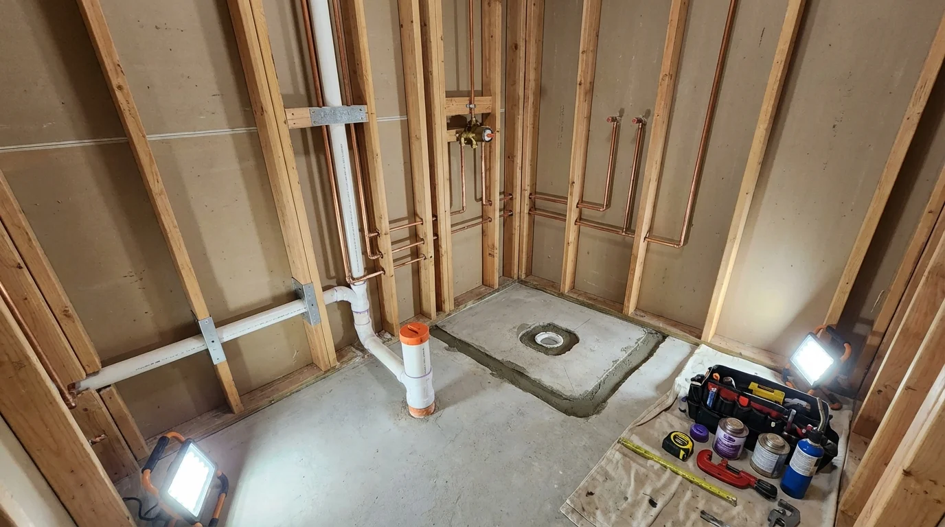 Bathroom rough-in plumbing during remodel by Johns Plumbing LLC in Loogootee
