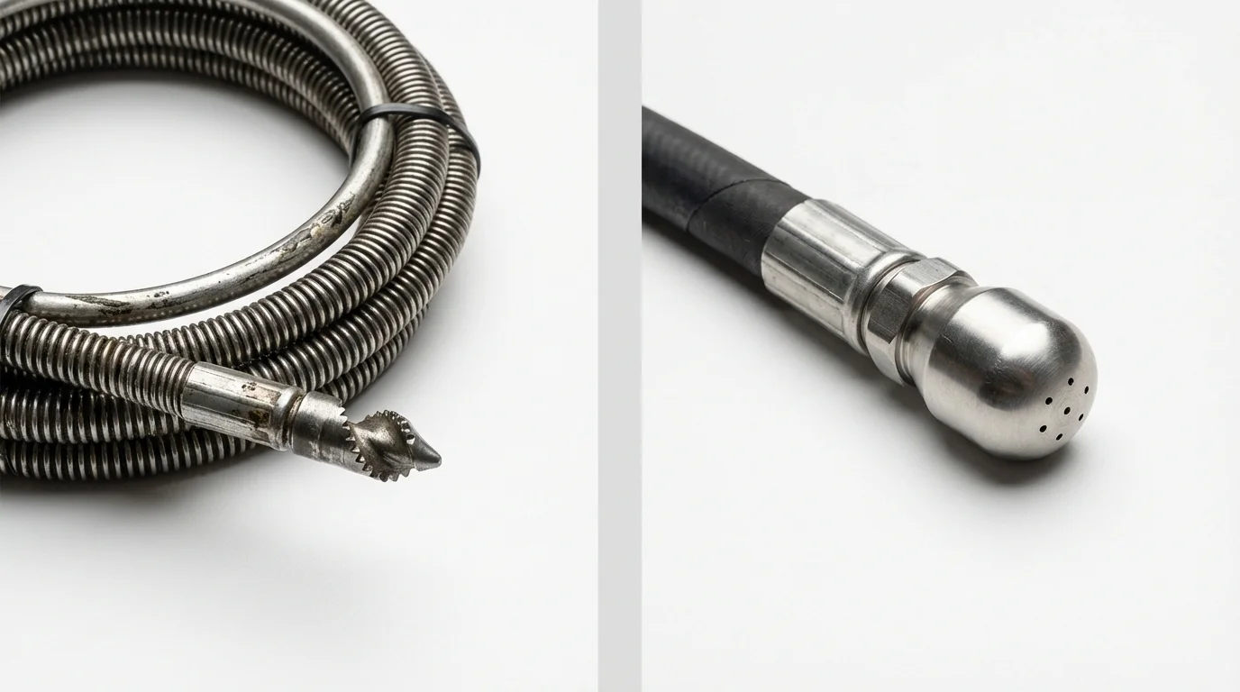 Drain snake cable and hydro jetting nozzle used for drain cleaning in Loogootee, IN
