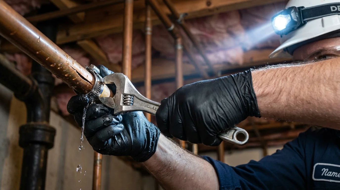 Emergency pipe clamp repair being performed by a Johns Plumbing LLC plumber in Loogootee