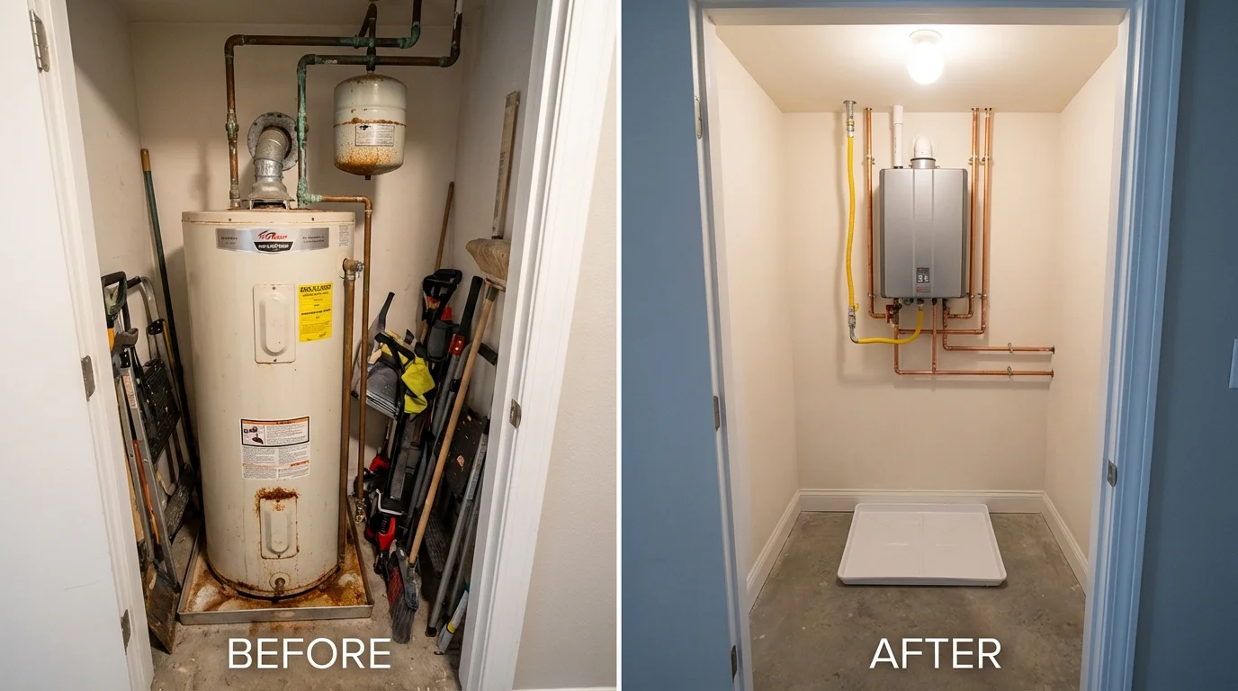 Tank water heater versus wall-mounted tankless unit comparison for Loogootee, IN homeowners