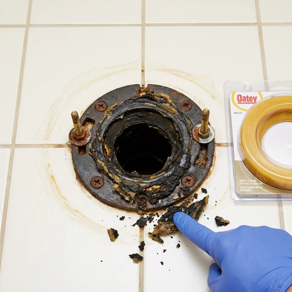 Failed wax ring showing water seepage at the base of a toilet in a Loogootee, IN home