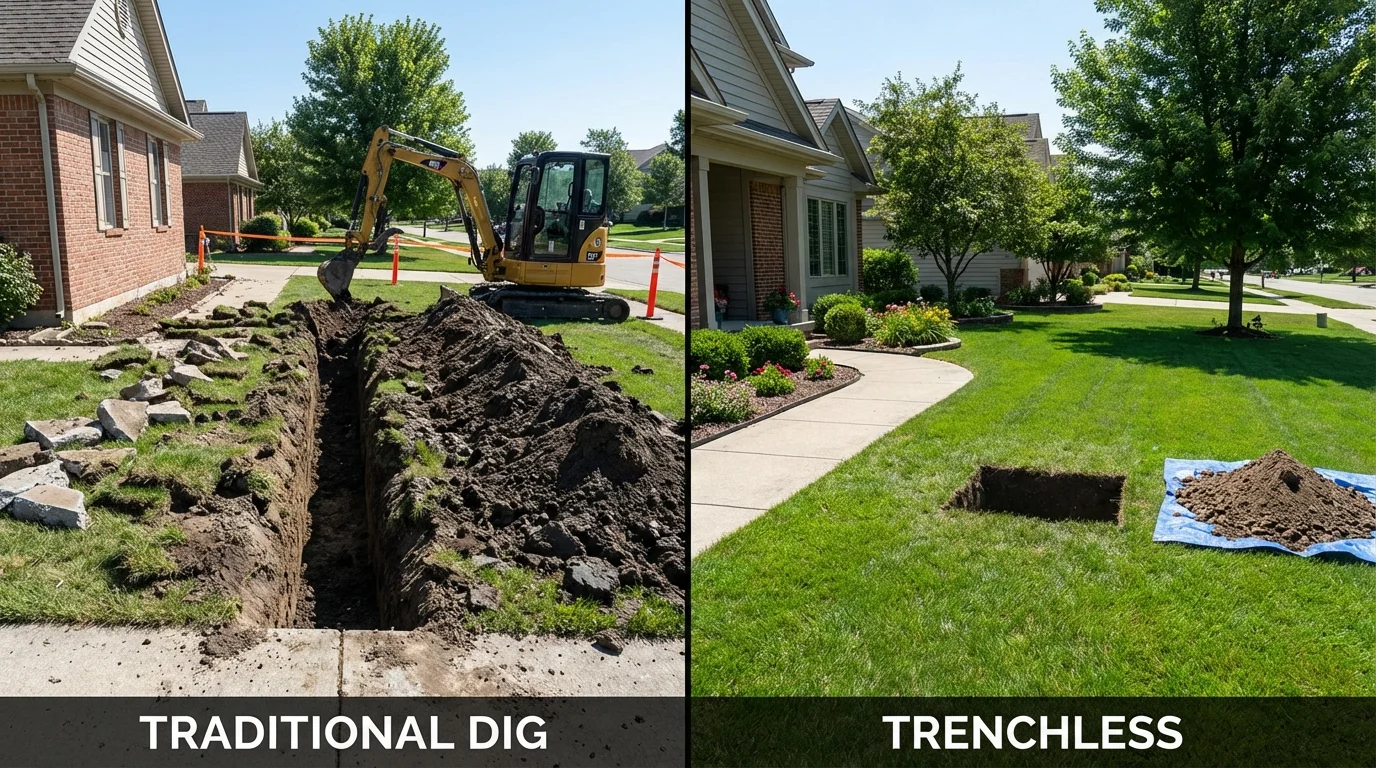Trenchless sewer repair with minimal yard damage versus traditional excavation in Loogootee, IN